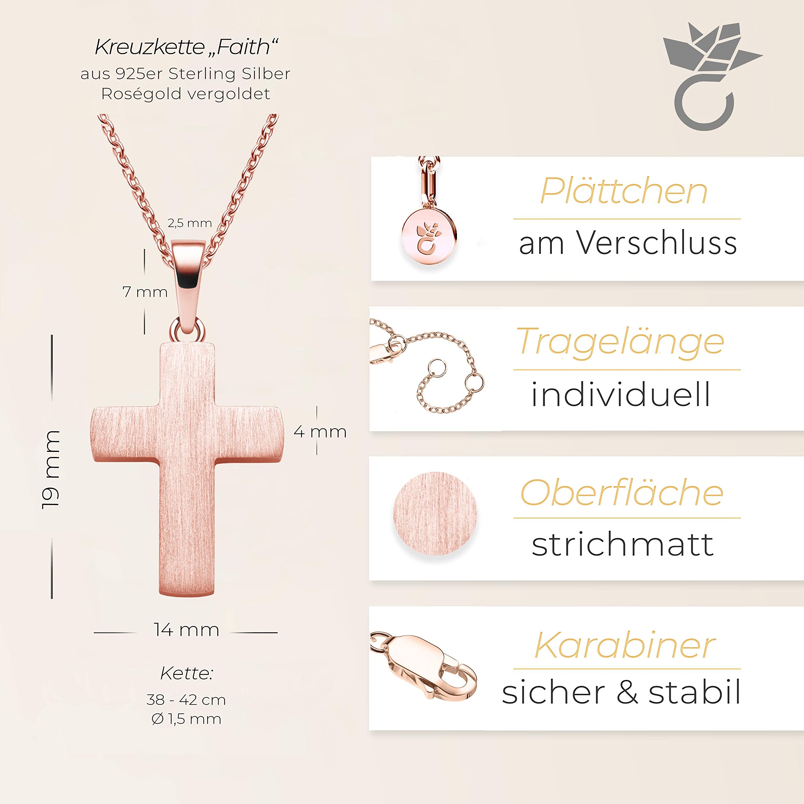 Kreuz Kette Kommunion Mädchen Junge Rosegold Kreuzkette mit Gravur | (Silber 925 vergoldet), Anhänger Halskette Kinder Schmuck Taufkette, Geschenke zur Taufe Erstkommunion