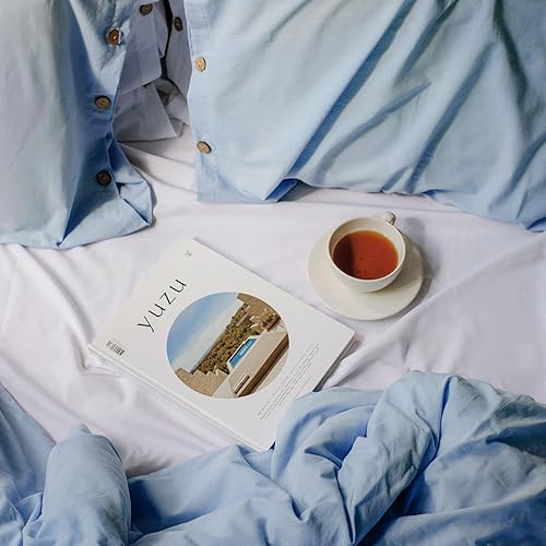 Miniatura 7 de Juego de funda de edredón %100 % de algodón natural, tamaño Queen, color azul aciano, similar al lino, juego de ropa de cama lujoso, suave y cómodo