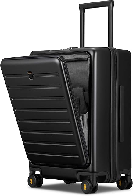 LEVEL8 Carrry on Luggage Lightweight 20 Inch, Hand Luggage with Front Zipper Pocke, PC Hardside Suitcase Spinner Silent & Manoeuvrable Wheels with Double TSA Locks(55CM, 35L,Black )