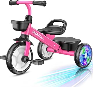 Umatoll Tricycle for Toddlers 2-5 Year Old, Ajustable Toddler Bike Outdoor Toys, Birthday Gift for Girl Boy Age 2-4, Trike with Light up Wheels (Rose)