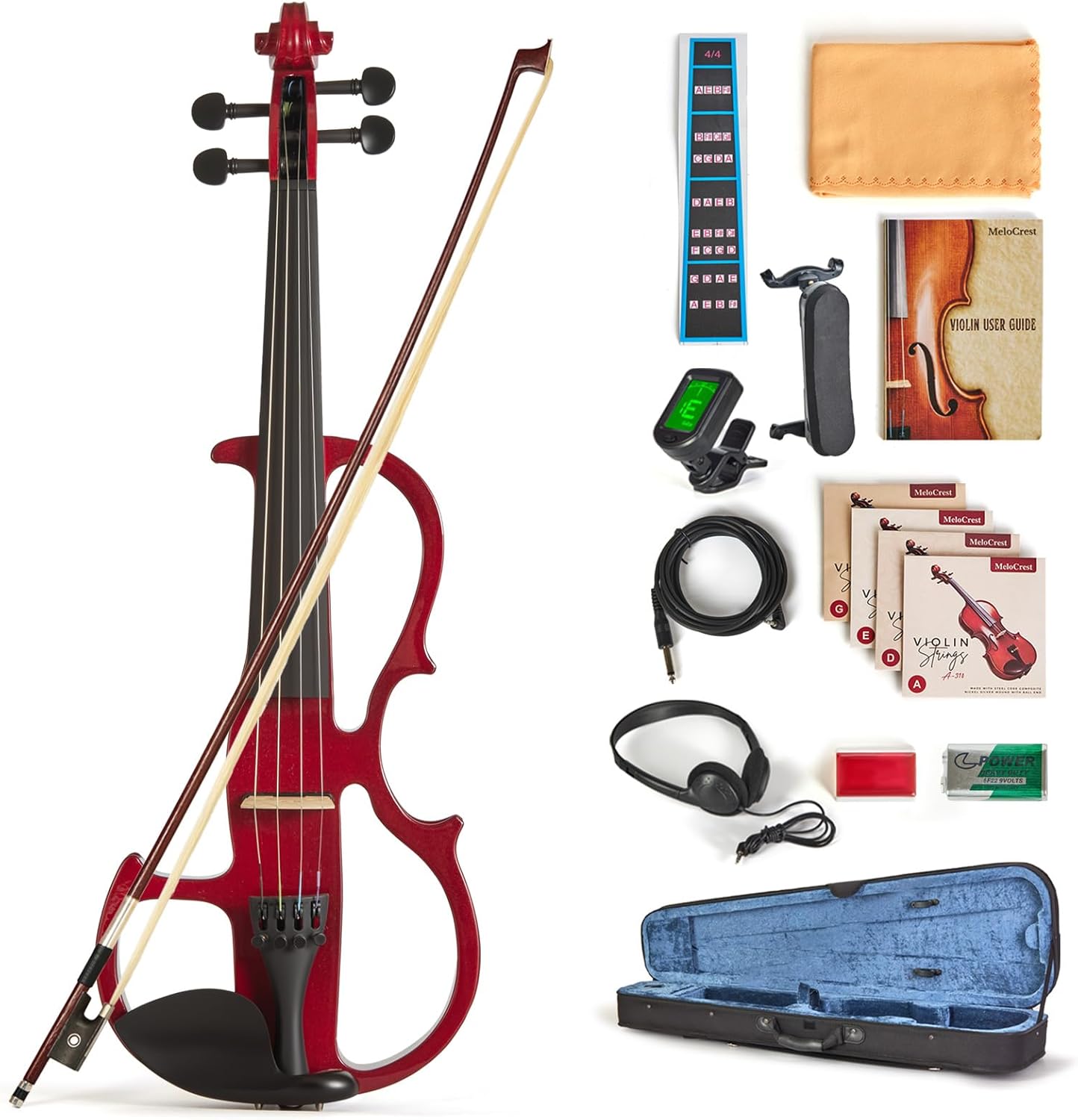 Silent Electric Violin for Beginners - Solid Wood Acoustic-Electric Fiddle, Ebony Fittings, Carbon Fiber Tailpiece, 4/4 Full-Size (Red) - Amazon product rated Grade B