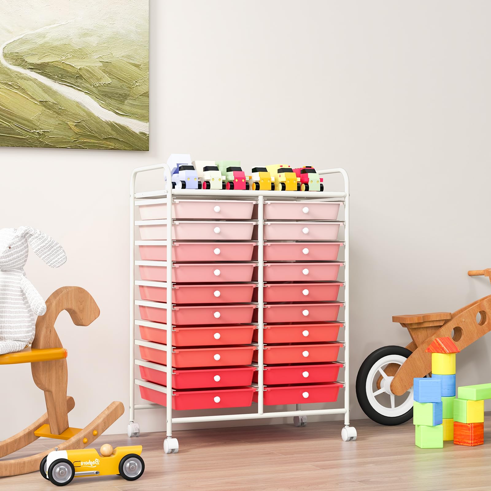 COSTWAY Chariot de Rangement à Roulette 20 Tiroirs en PP, Tour de Rangement avec Tablette, Cadre en Métal, Desserte Meuble Tiroir pour Cuisine École (XL | 20 tiroirs,Rose+Blanc)