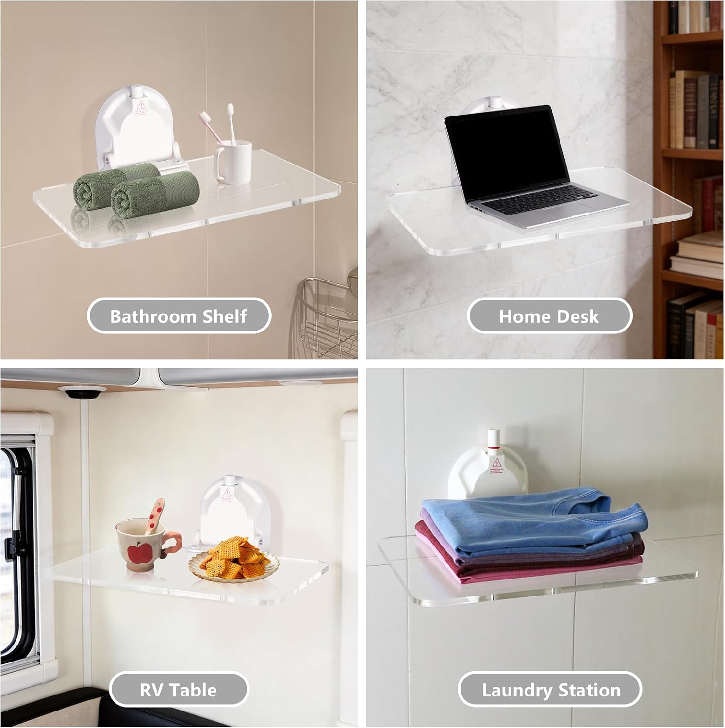 No-Drill Wall Mounted Folding Table 15.75" L x 11.02" W | 15.75" L x 13.39" W Install Size, Strong Vacuum Suction Cup, Waterproof Acrylic Surface for Bathroom, Laundry, Office, RV & Travel