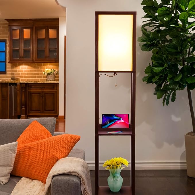 Brightech Maxwell Tower Floor Lamp With Shelves And Wireless Charging, Black
