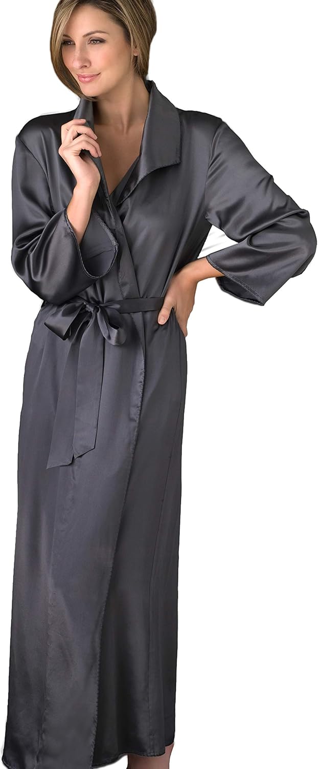 Julianna Rae Women's Silk Robe, 54" Full Length, Lace Trim, Relaxed Fit, Evening Stroll Collection, Lingerie
