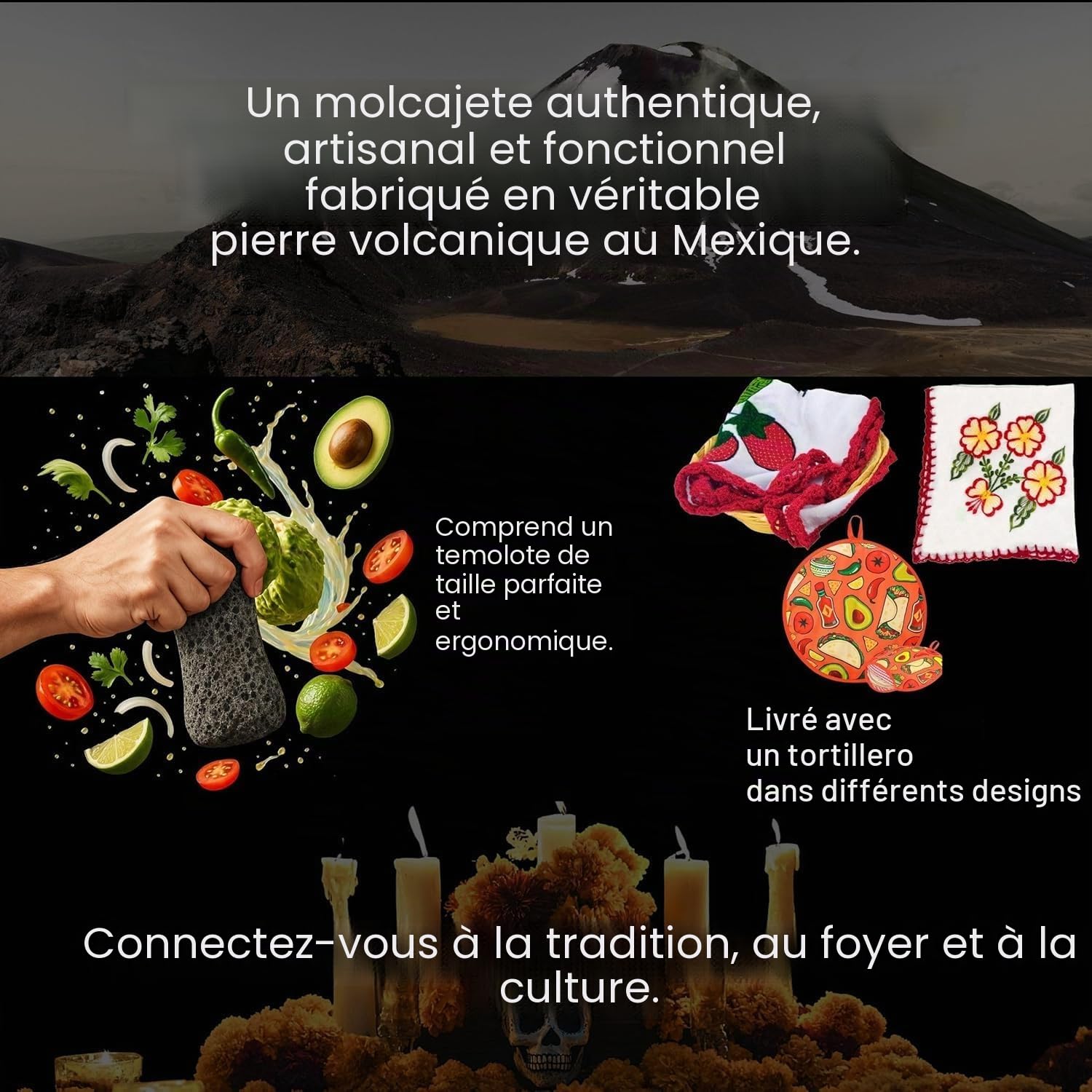 Bol mexicain Molcajete original fabriqué à la main en pierre de lave authentique au Mexique – Molcajete de Piedra volcanica – Pilon de mortier volcanique mexicain – Pierre de lave authentique
