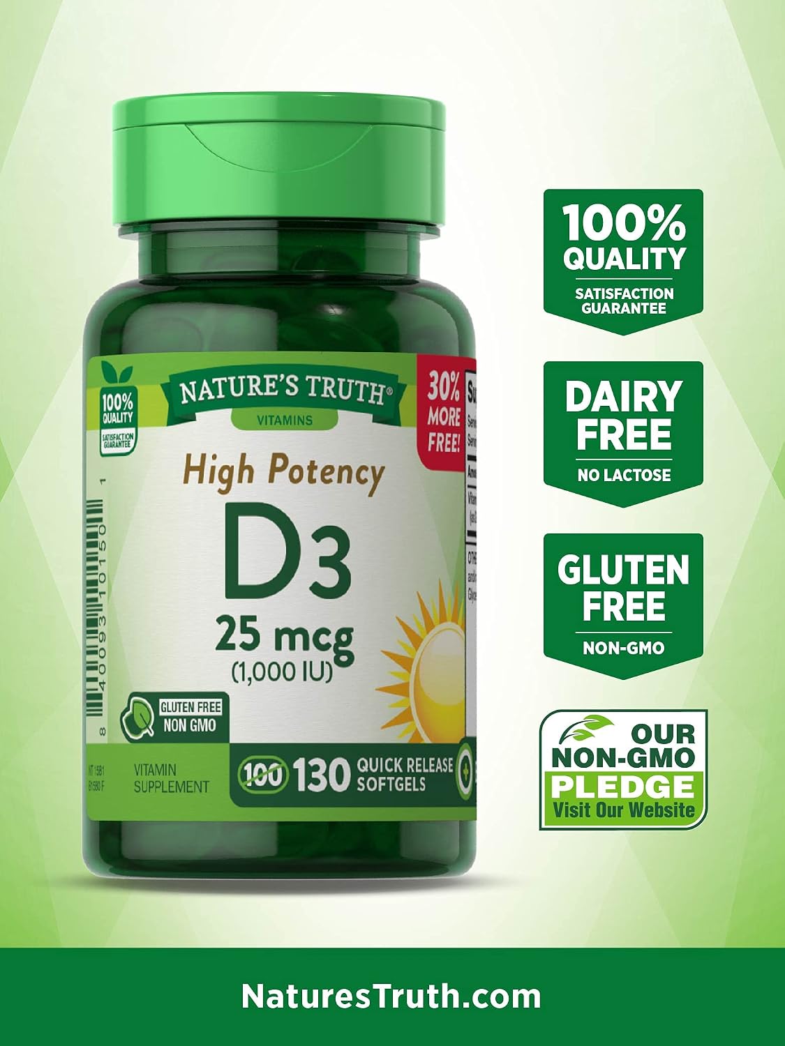 Nature's Truth Vitamin D3 1000 IU | 130 Softgels | High Potency D | Non-GMO, Gluten Free, Soy Free