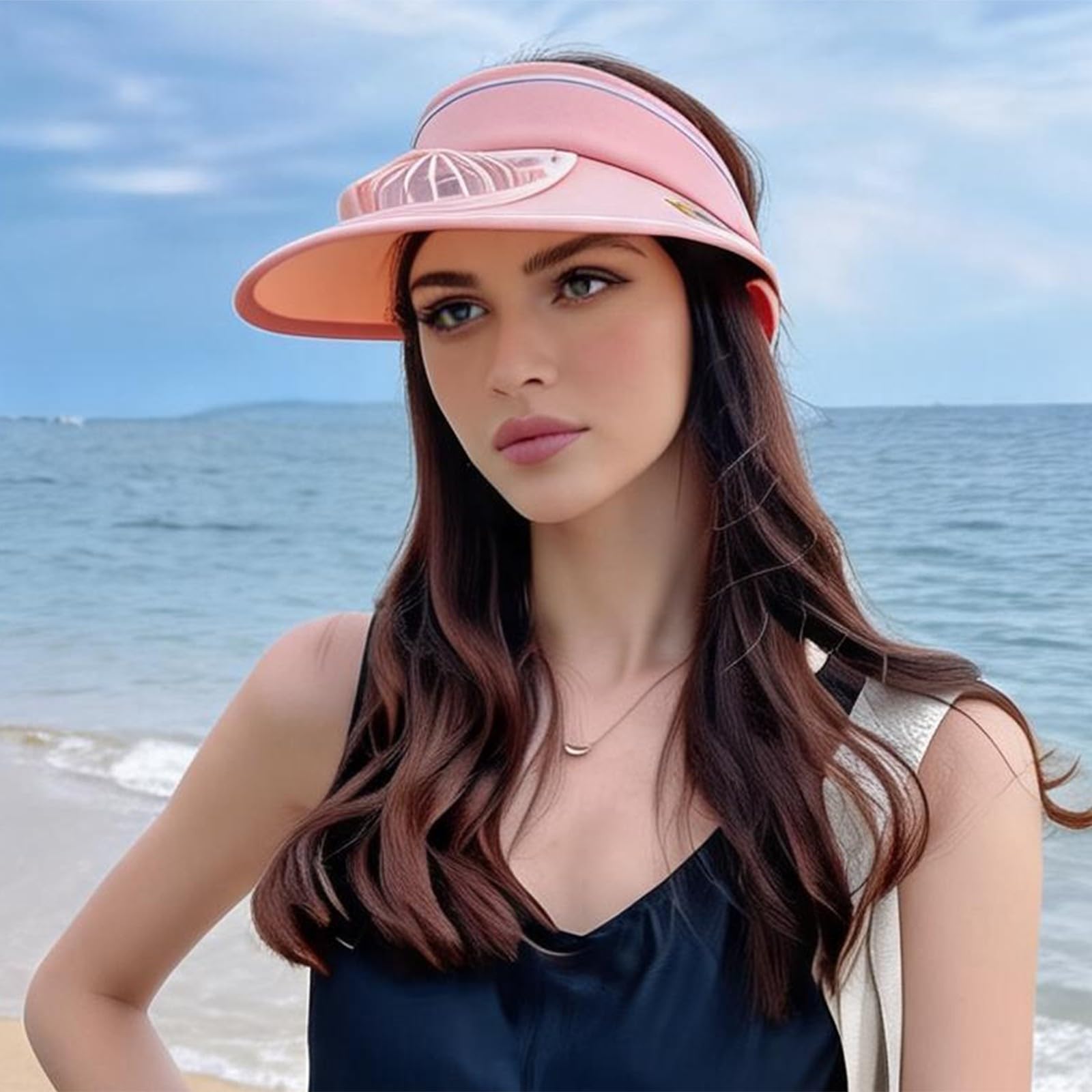 Generico New Gorro de sol de verano para mujer con ventilador recargable, visera ancha, sombrero de exterior con parte superior vacía, ideal para jardinería, senderismo y uso diario.