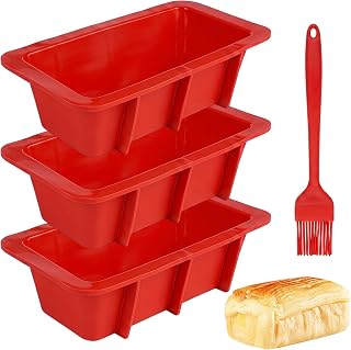 3 Stück Brotbackform Silikon Backformen Rechteckig, 16 x 9 x 4.5cm | Antihaft Backform Silikon Kastenform, Silikonform Brotbackformen mit Silikonölpinsel für Kuchen, Eis & Desserts, rot