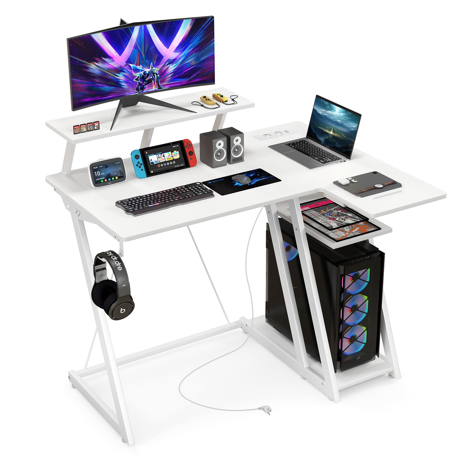 COSTWAY Scrivania Angolare con Stazione di Ricarica, Scrivania ad Angolo Salvaspazio con Scomparti, Ripiani e Supporto CPU Mobile, Postazione di Lavoro Gaming Reversibile per Casa e Ufficio