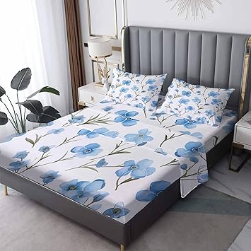 Blue Floral Sheets Twin XL Sheet Set, Flower Bed Sheets, Botanical Bedding Bedroom Decor, Soft Microfiber Deep Pocket Fitted Sheet & Flat Sheet & 1 Pillowcase