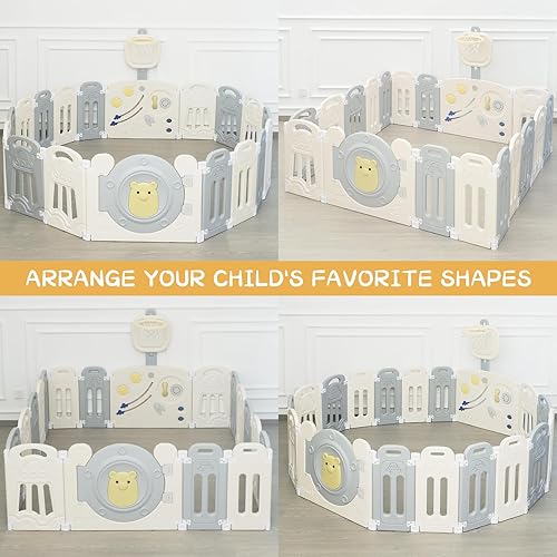 Miniatura 4 de Corralito para bebés con aro de baloncesto ajustable, panel de juegos, cerradura, patio de juegos plegable para niños pequeños, valla de seguridad