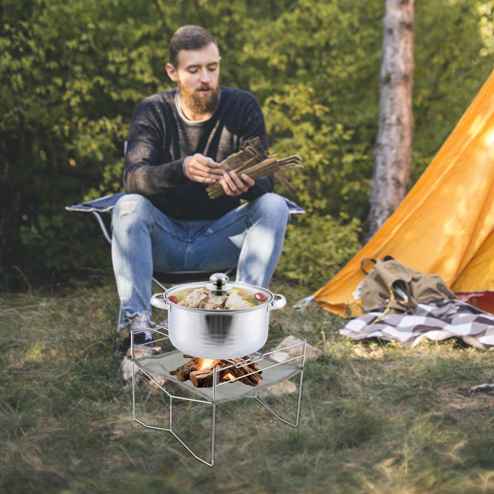 Sk?adane ognisko - Sk?adane palenisko z od? ?czan? siatk? do grillowania | Ultralekki piec drewno opa?owe do spalania z plecakiem Piesze wycieczki Piknik turystyczny Jyfanse