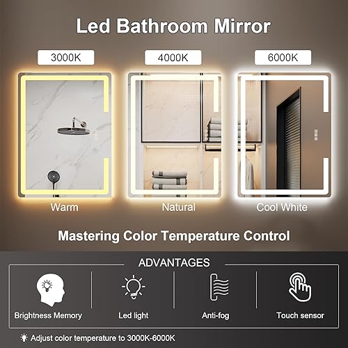 Miniatura 3 de Espejo de baño LED con luces de 40 x 32 pulgadas, espejo de maquillaje LED frontal y retroiluminado, 3 colores de temperatura y espejo de tocador