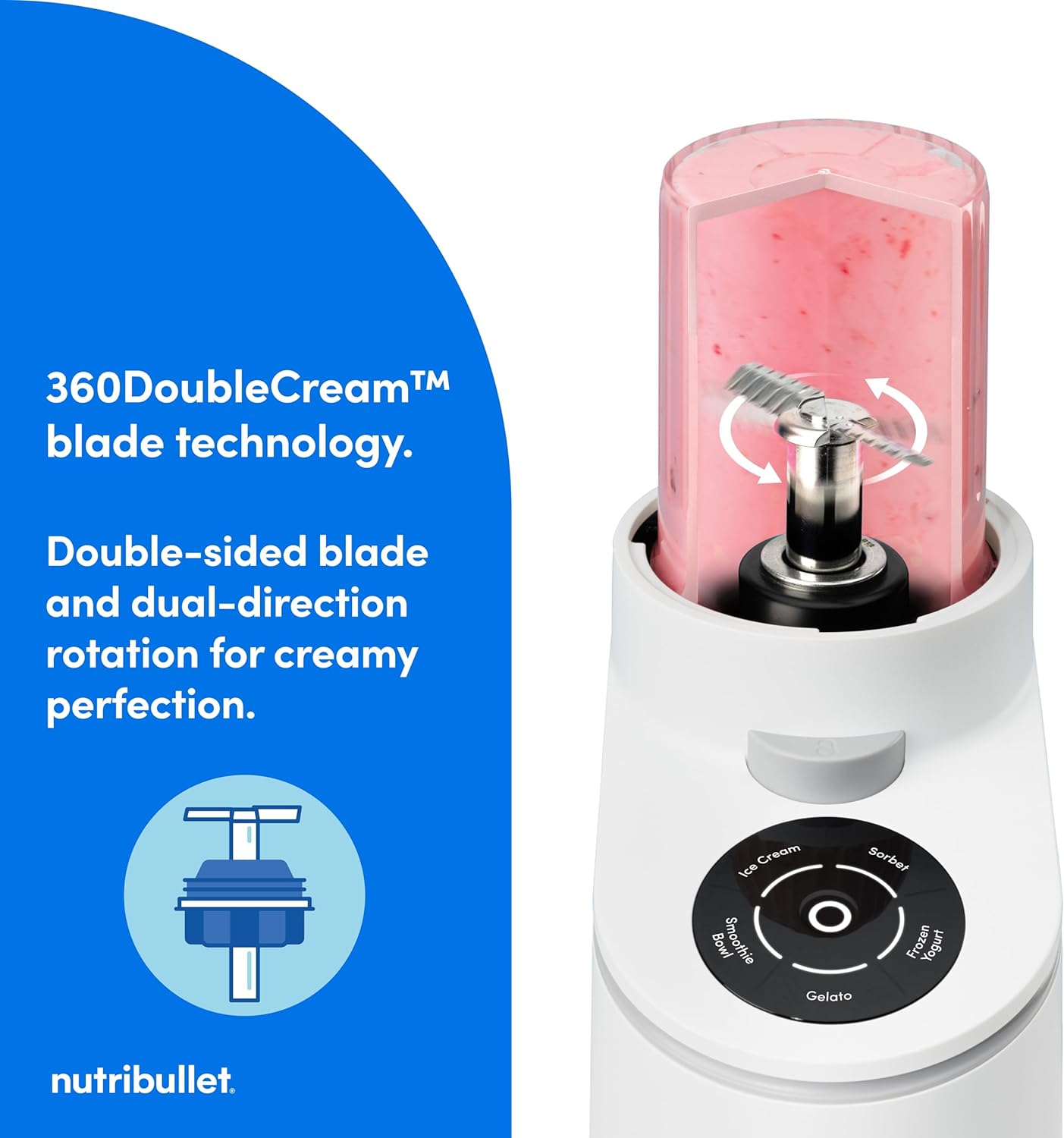 nutribullet Chill Ice Cream Maker, for Gelato, Sorbet, Frozen Yogurt, Smoothie Bowls, Compact Size, (2) Dishwasher Safe 16 oz. Pint Cups with Lids, White, NBD50100AW