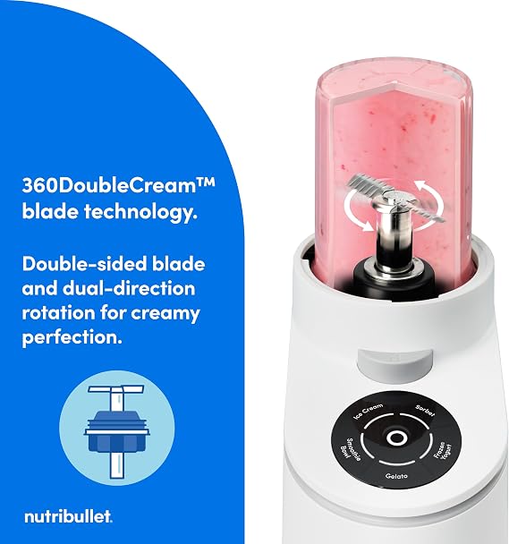 nutribullet Chill Ice Cream Maker, for Gelato, Sorbet, Frozen Yogurt, Smoothie Bowls, Compact Size, (2) Dishwasher Safe 16 oz. Pint Cups with Lids, White, NBD50100AW