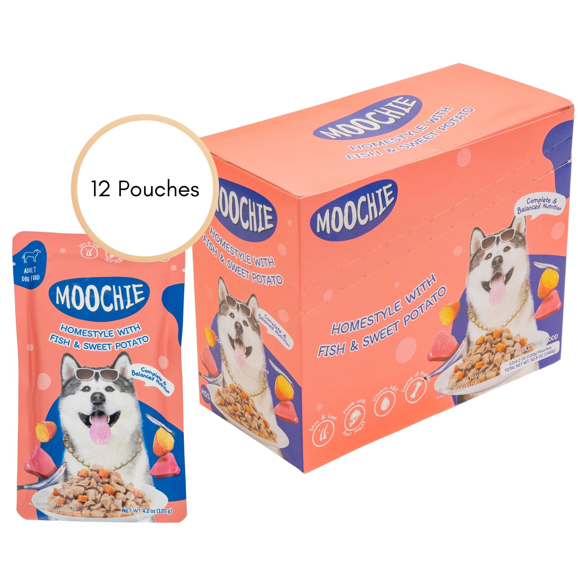Moochie Wet Dog Food (120g x Pack of 12)| HomeStyle with Fish & Sweet Potato | Wet Dog Food for Adult & Puppy | No Artificial Colours & Preservatives.
