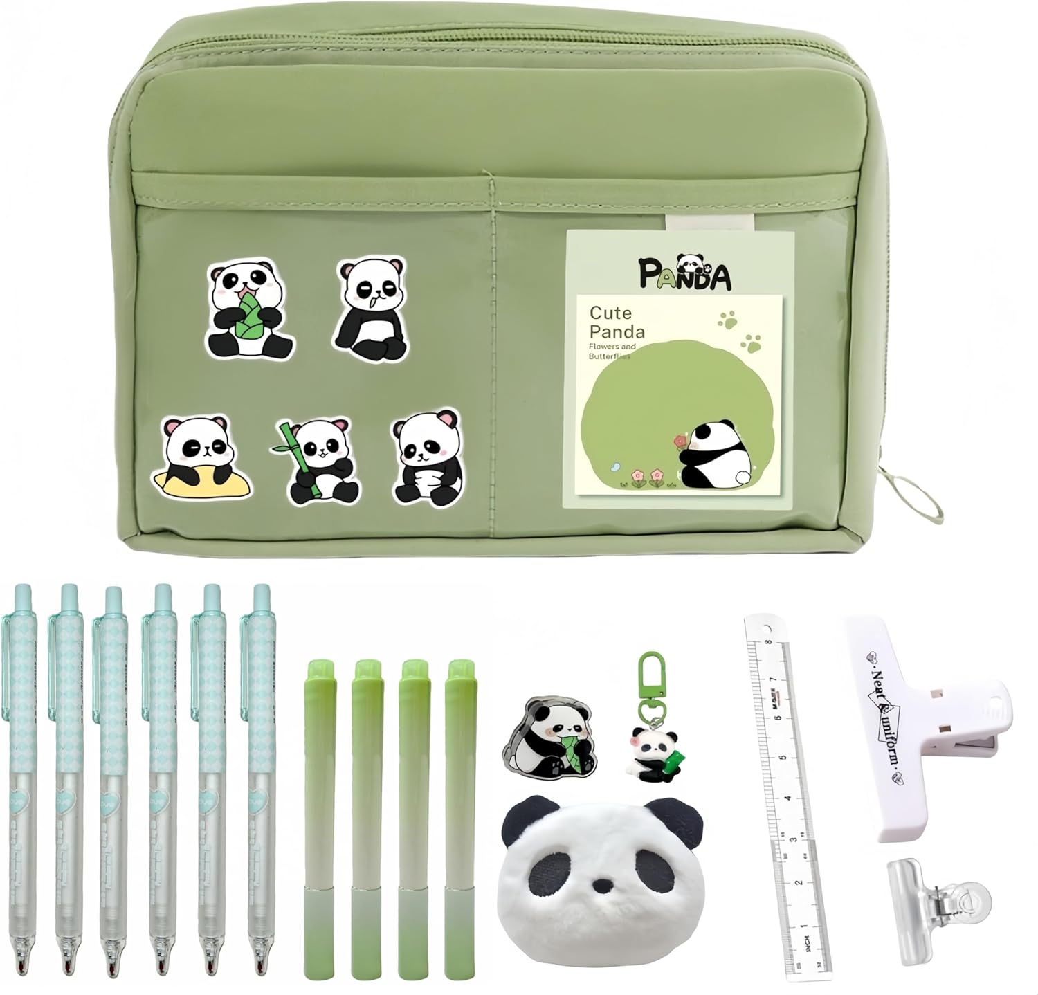 Kawaii Aesthetic Pencil Case 23PCS Set - Large Capacity Cute Pen Pouch Bag, Contains 10 Kinds of Accessories: 6 Pens, 4 Highlighters, Clips, Ruler and Cute Panda Brooches, Stickers, Pendants (Beige)