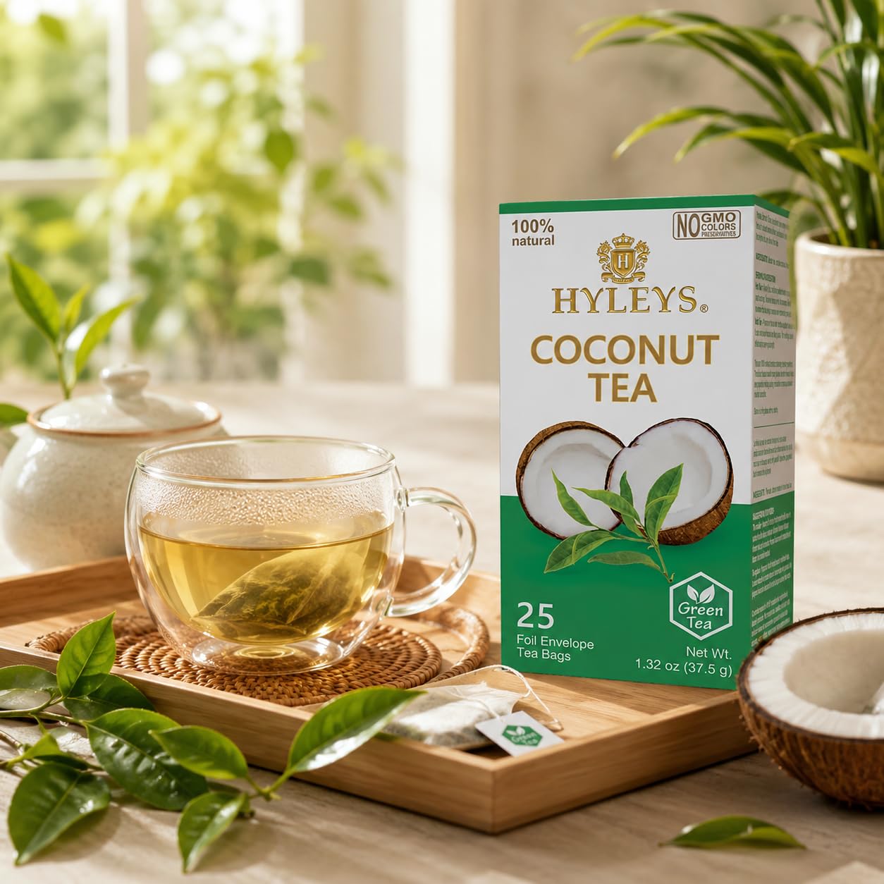 HYLEYS Natürliche Wellness-Kokosnuss mit grünem Tee, 25 Teebeutel (100 % natürlich, gentechnikfrei, glutenfrei, milchfrei, zuckerfrei), 12 Stück