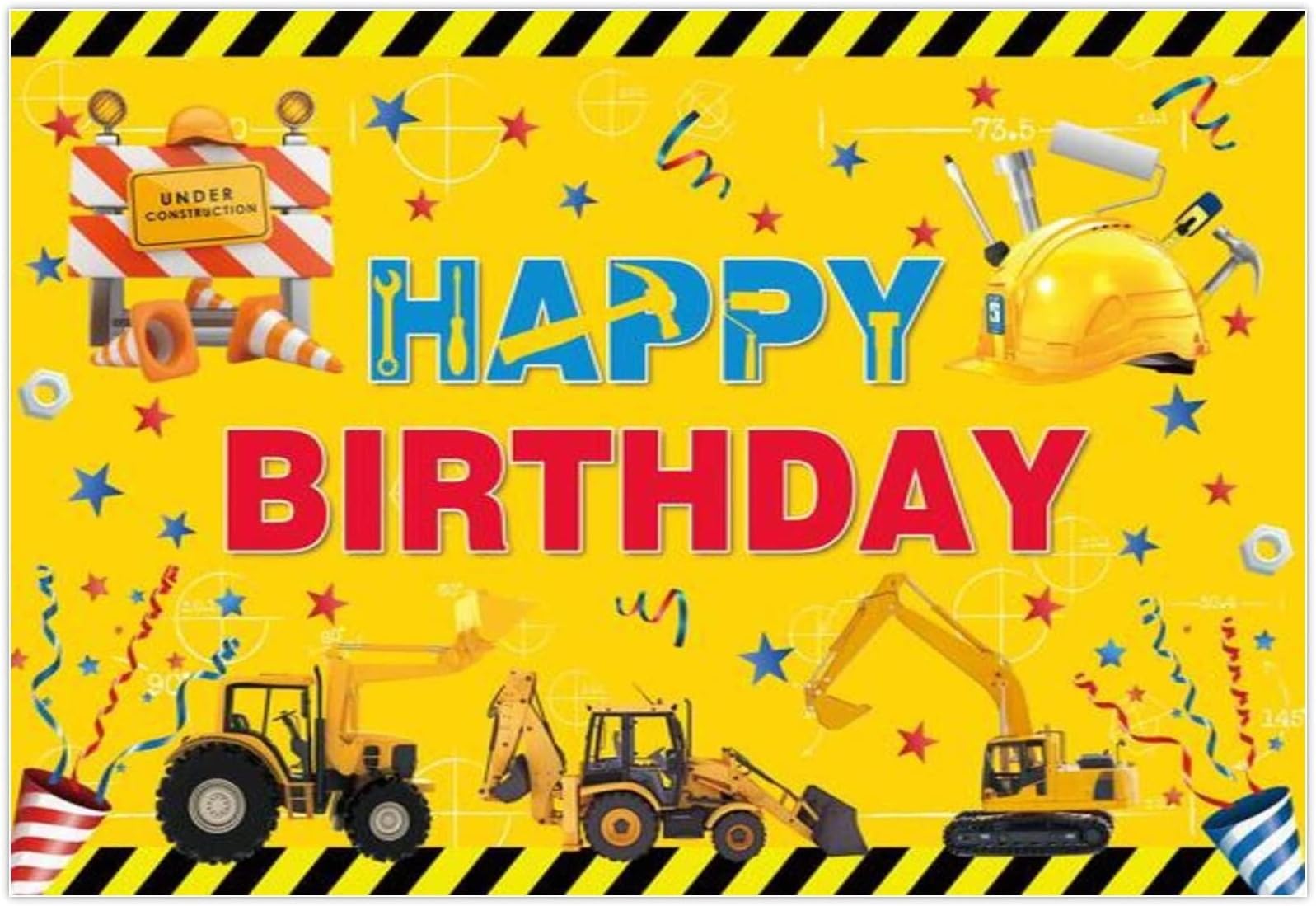 Funnytree 68" x 45" Construction Theme Birthday Party Backdrop Worker Architect Construction Engineer Tools Safety Hard Hat for Birthday Celebration Kid Photography Supplies Decor Banner Photo Prop