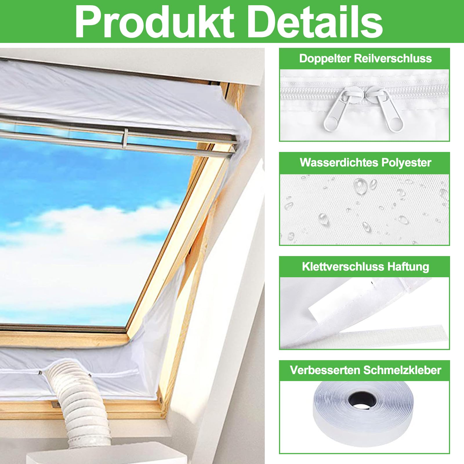 Kit Fenster-Klimaanlage, Fensterabdichtung für Mobile Klimageräte Dachfenster, 2x190CM Hot Air Stop mit Reißverschluss zum Anbringen an Balkontüren, Alternative zur Fensterabdichtung