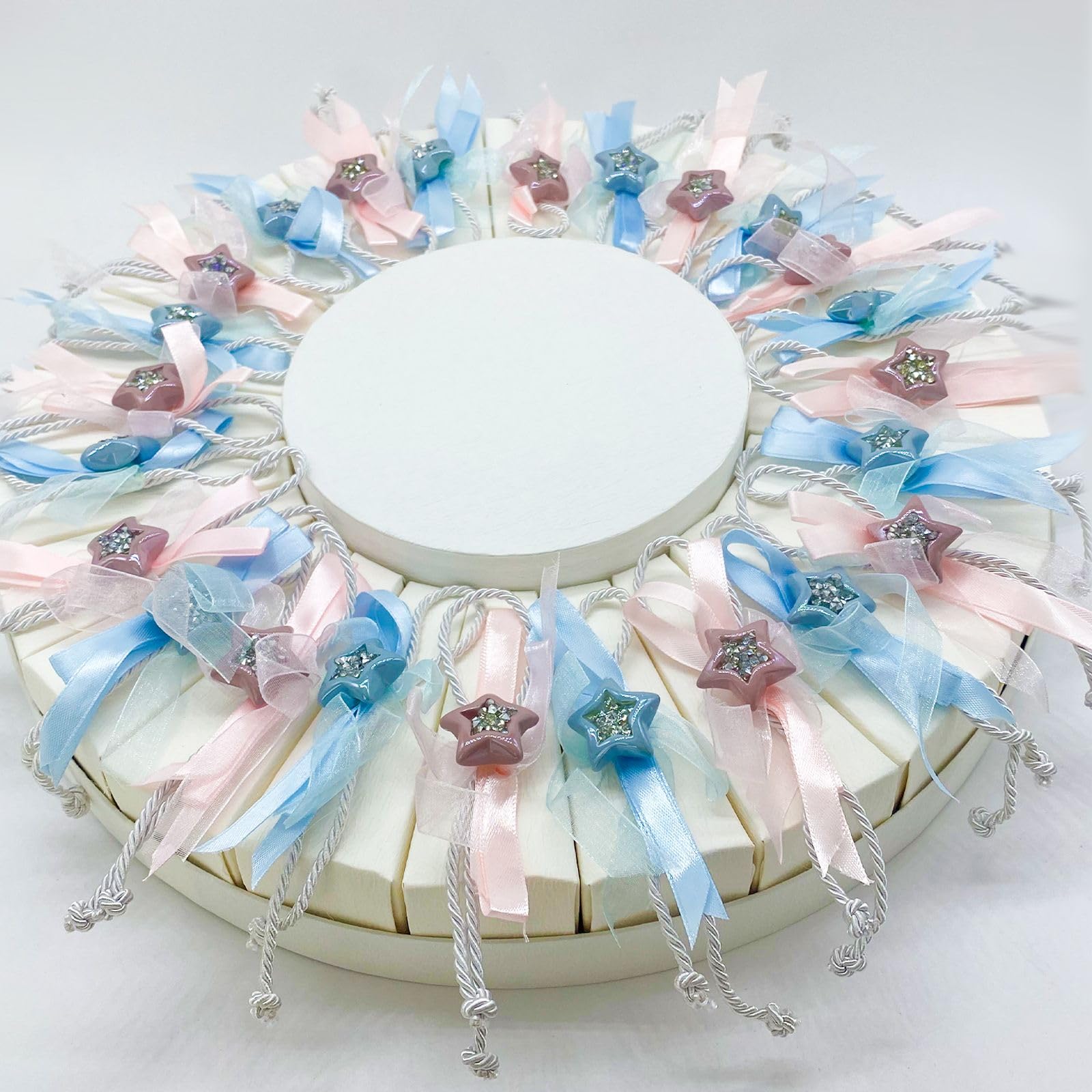 Doni Bomboniere Alzata in Cartone Bianco con sacchettini portaconfetti in 2 Colori, celesti e Rosa, con Applicazione Stella in Resina. Bomboniera per Nascita, Battesimo per Gemelli (MF - 18 pz)