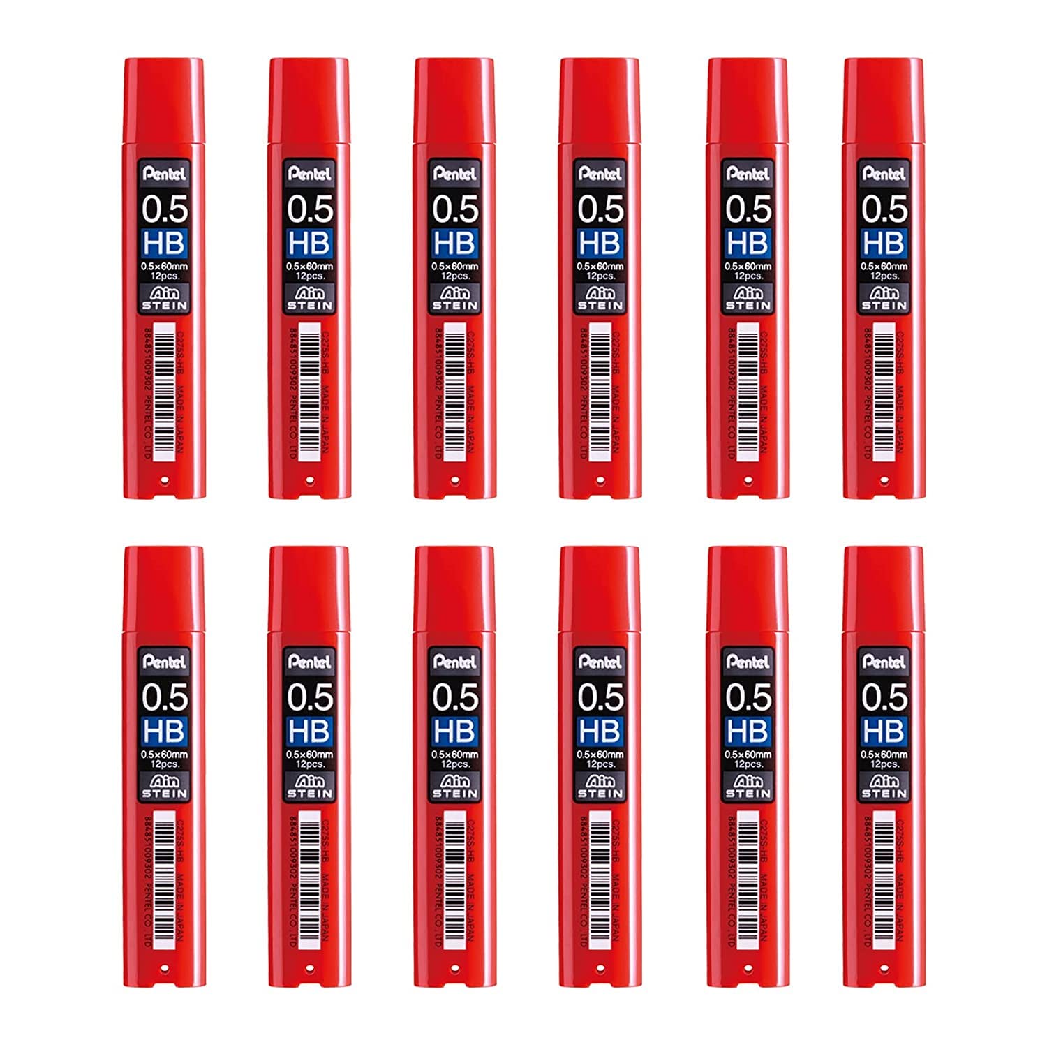 Pentel Ain Stein HB 0.5 mm Refill Lead 12-Pieces Tube, Red