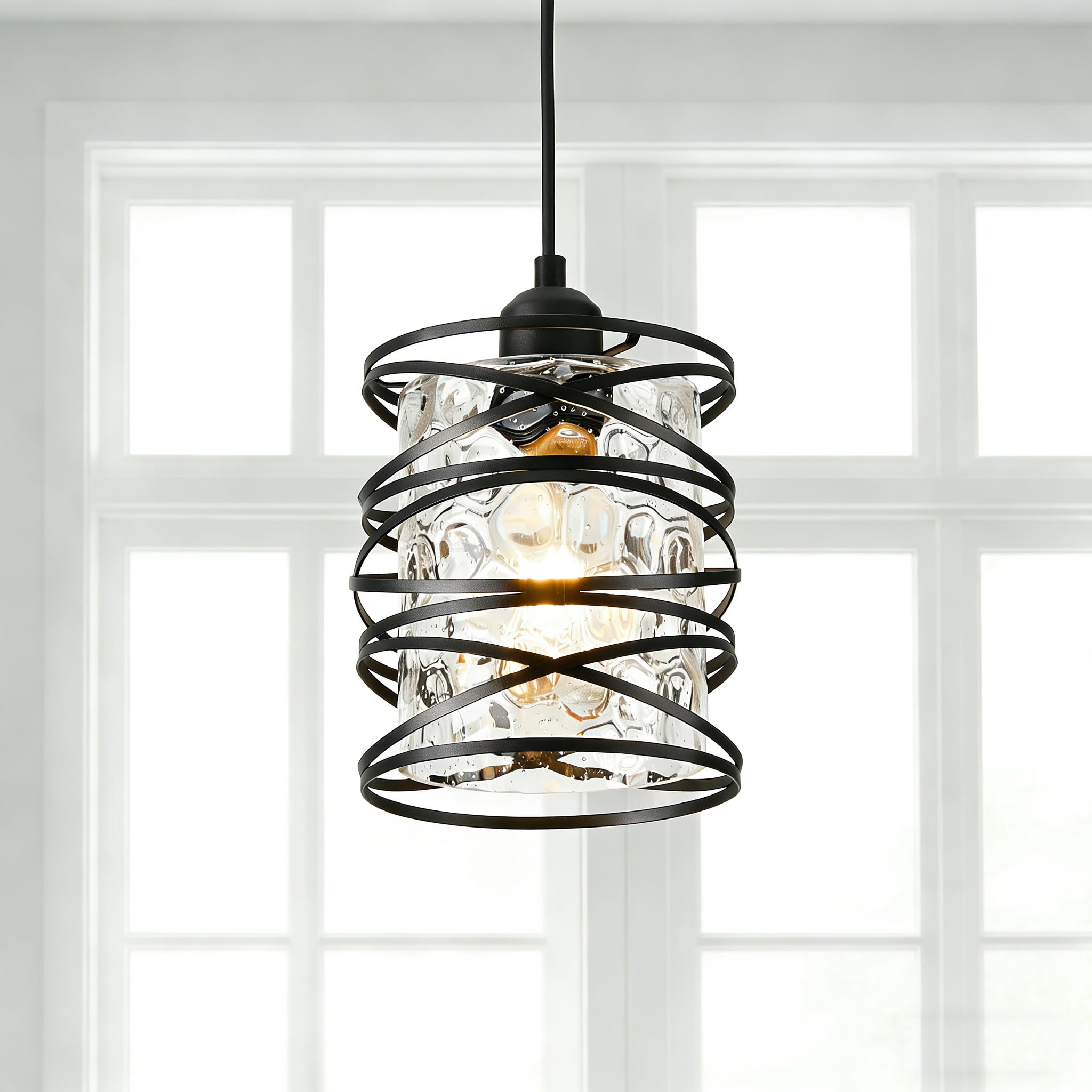 FISGONI Hammered Glass Pendan — Black Metal Spiral Cage