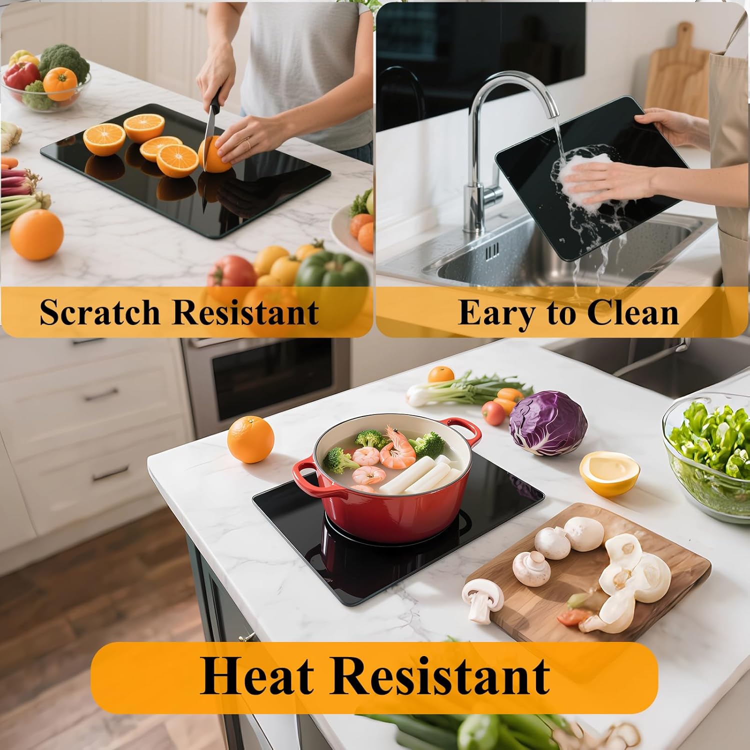 Tempered Glass Cutting Board for Kitchen, 18 x 24 Inch Cutting Board with Non-Slip Feet for Countertop, Dishwasher Safe, Rounded Corner Board, Shatter, Heat & Scratch Resistant-Black