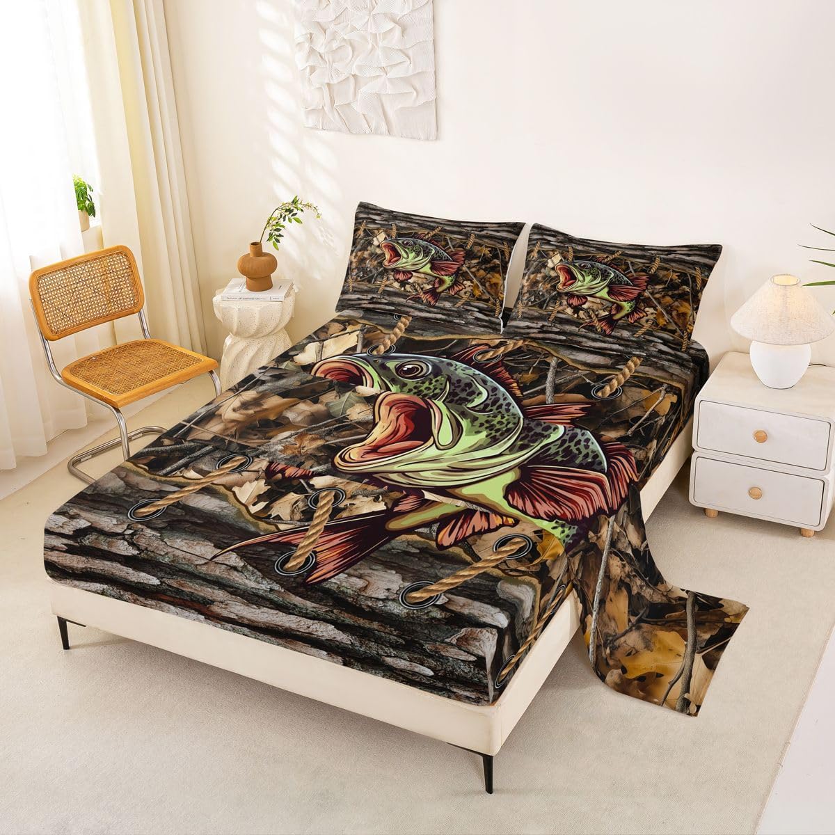 Feelyou Camouflage Bed Sheets Set Full Size Fishing and Hunting Bed Set for Kids Boys Girls Tree Branch Camo Deep Pocket Fitted Sheet Bass Fish Breathable Soft Lightweight Microfiber Sealife