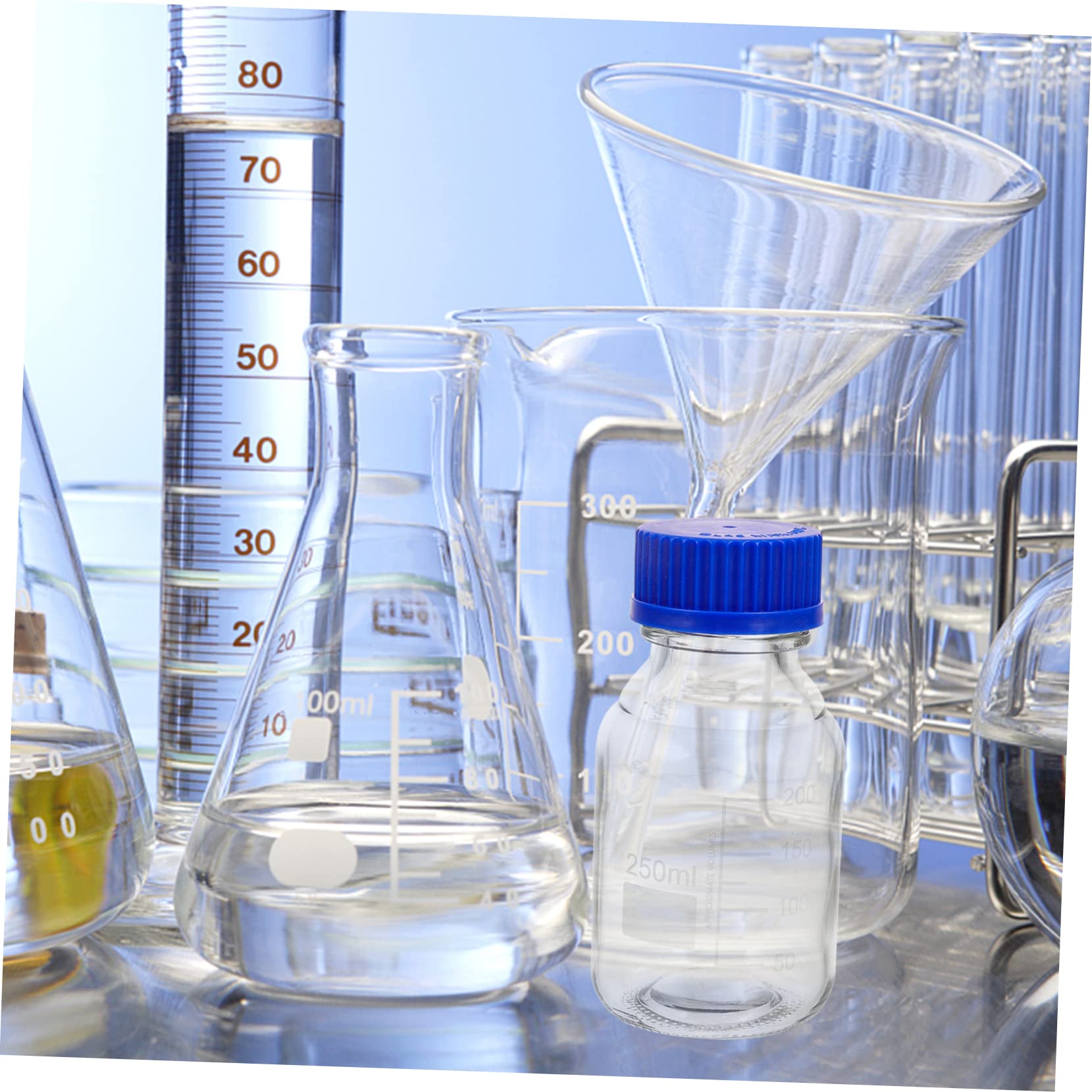 Alipis Confezione 4 Pezzi Bottiglie di Reagente in Vetro da 250ml con Tappi a Vite Blu, Design Graduato Lavabile per Istituti Chimici e Laboratori