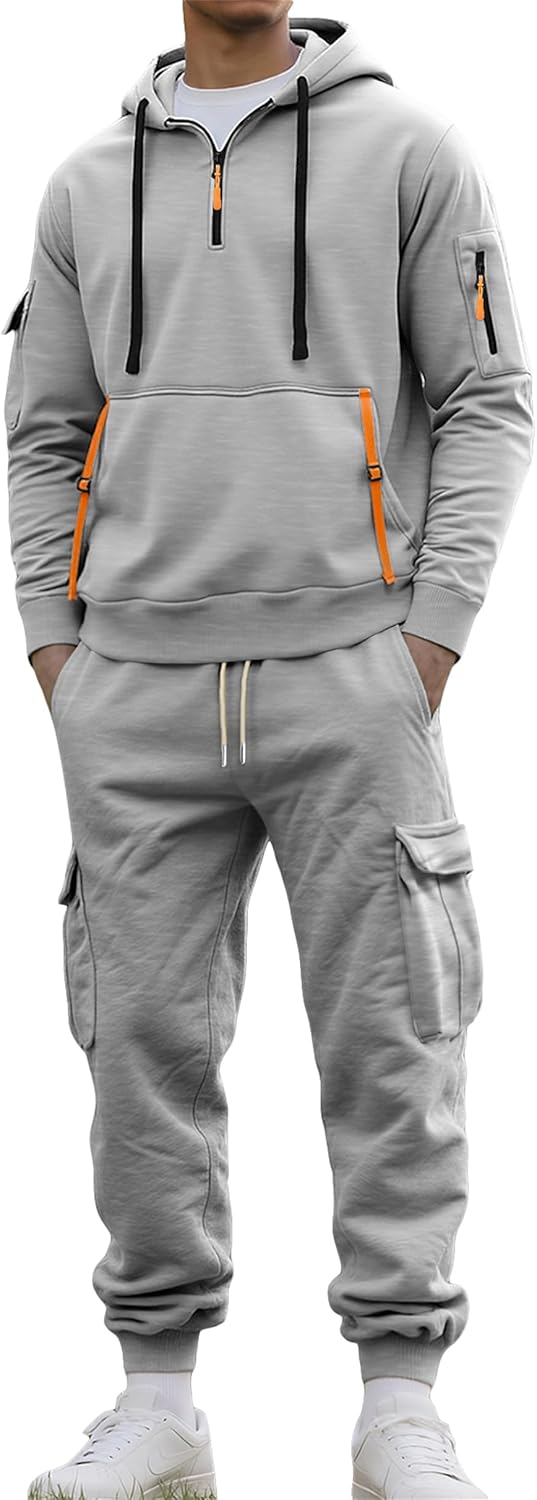Men's Sweat Suit 2 Piece Winter Fleece Long Sleeved Pullover Set Casual Contrast Sports Jogging Tracksuits Set