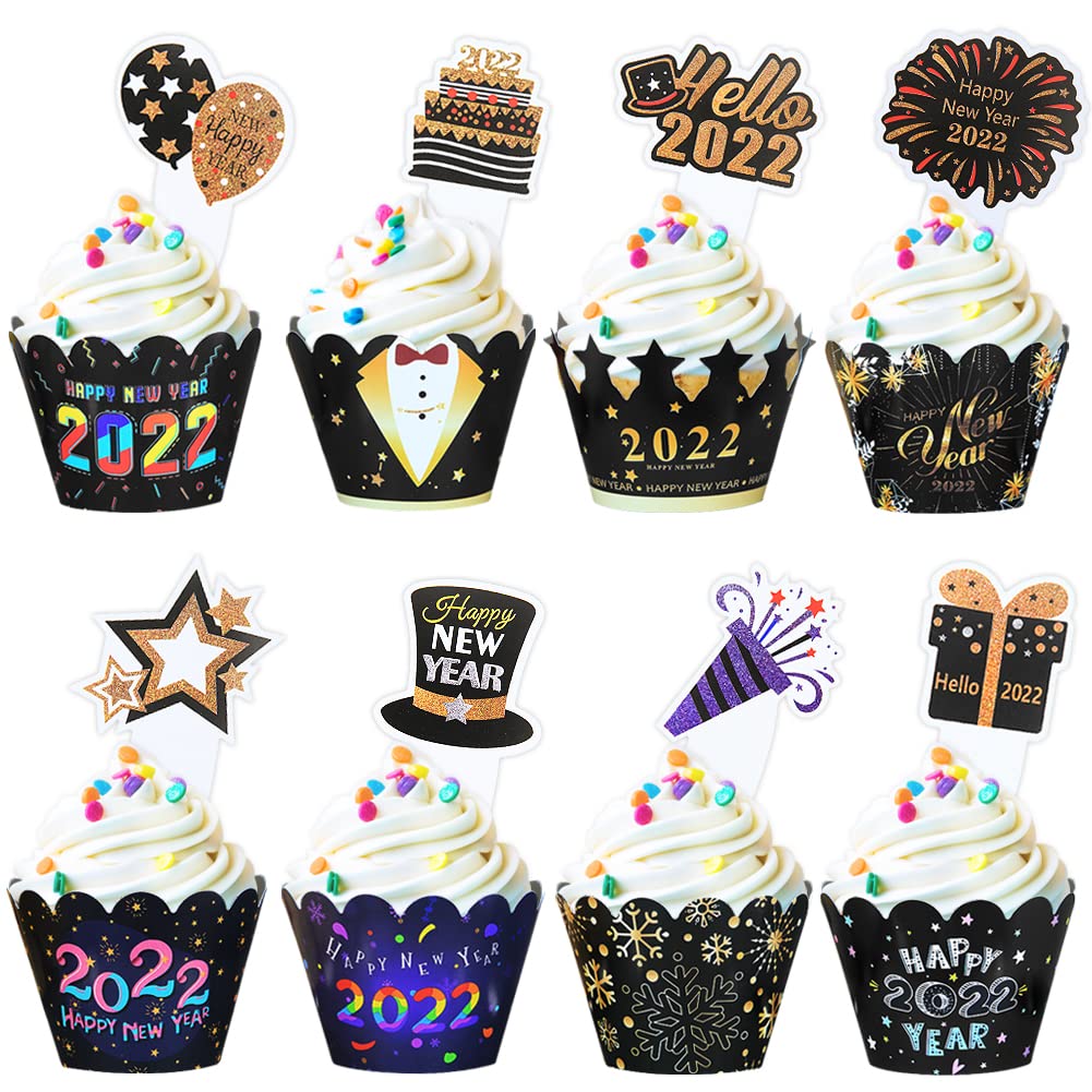 Amazon.com: 48pcs Happy New Year Cupcake Toppers and Wrappers,Happy New  Year Hello 2022 Cupcake Cake Picks, Black Gold for Happy New Years 2022 Eve  Party Decorations & Supplies : Grocery & Gourmet