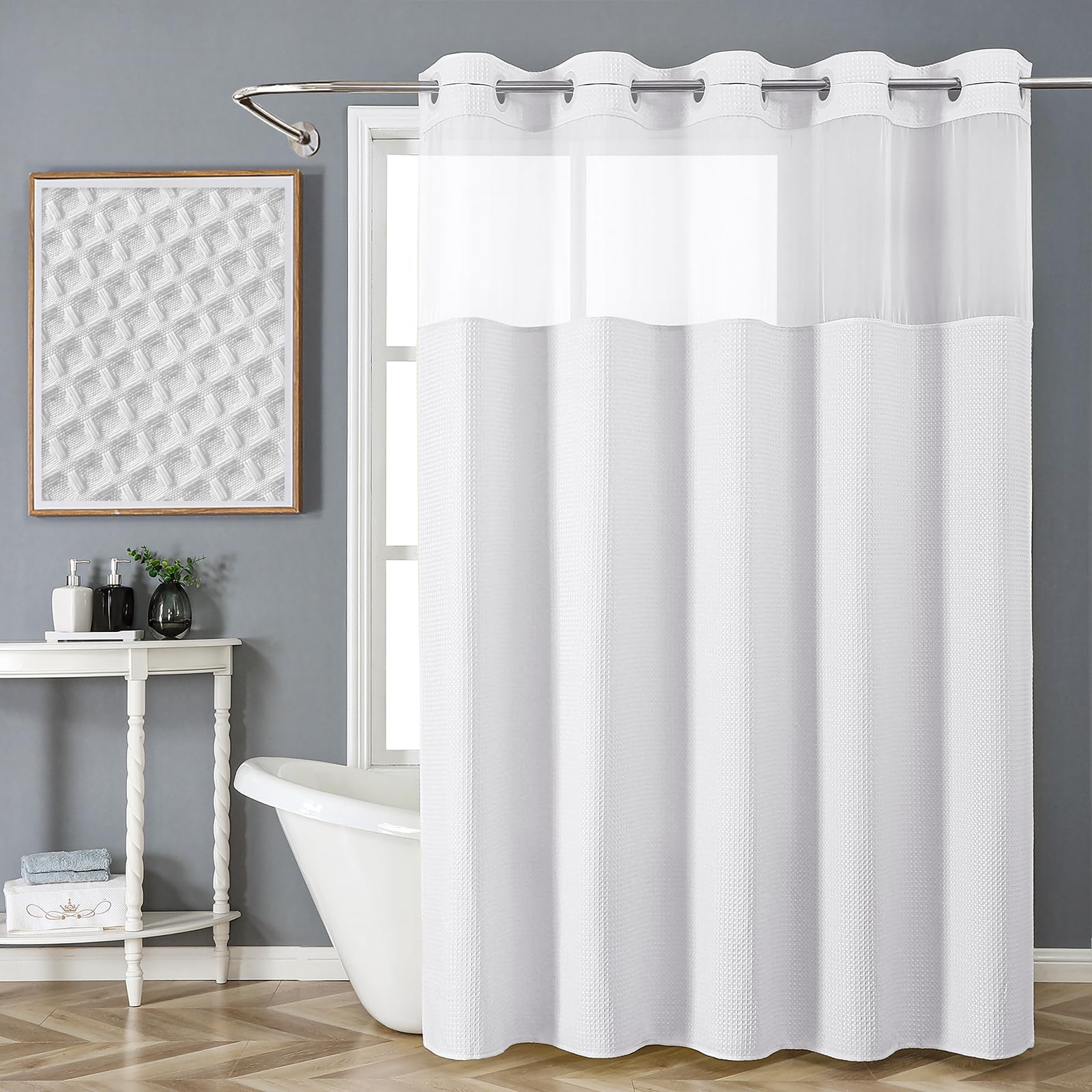 FY&XZH No Hook Waffle Weave Shower Curtain with Mesh Top Window, Shower Curtain with Laminated Waterproof Backing for Bathroom, Machine Washable, Hotel Style Fabric, 72W x 75H, White