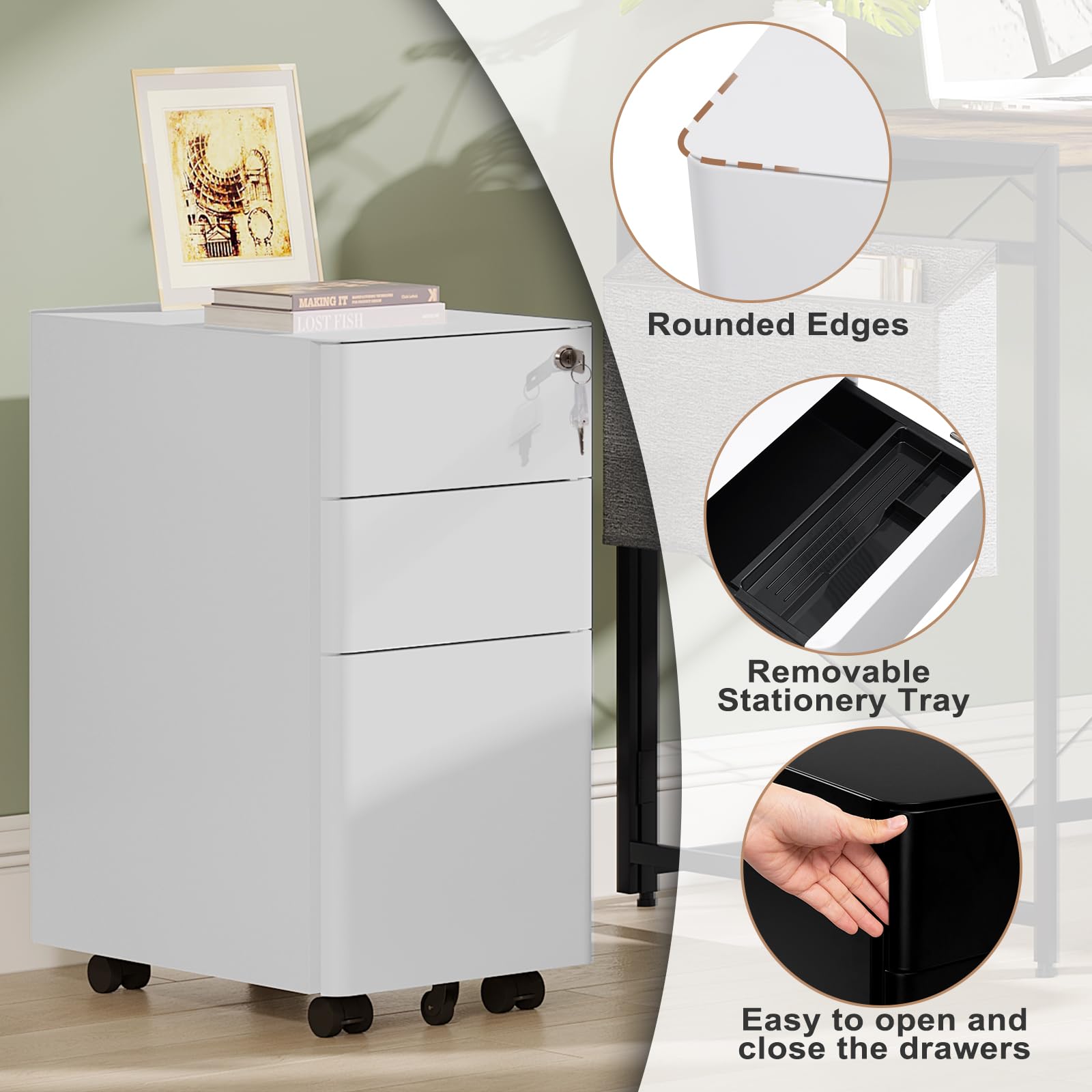 WOLTU Caisson de Bureau Mobile, Meuble de Rangement pour Dossiers Suspendus Format A4, Caisson sur roulettes, Armoire Documents avec 3 Tiroirs Verrouillables, en Métal, Blanc, 30x45x60 cm, ASK10ws