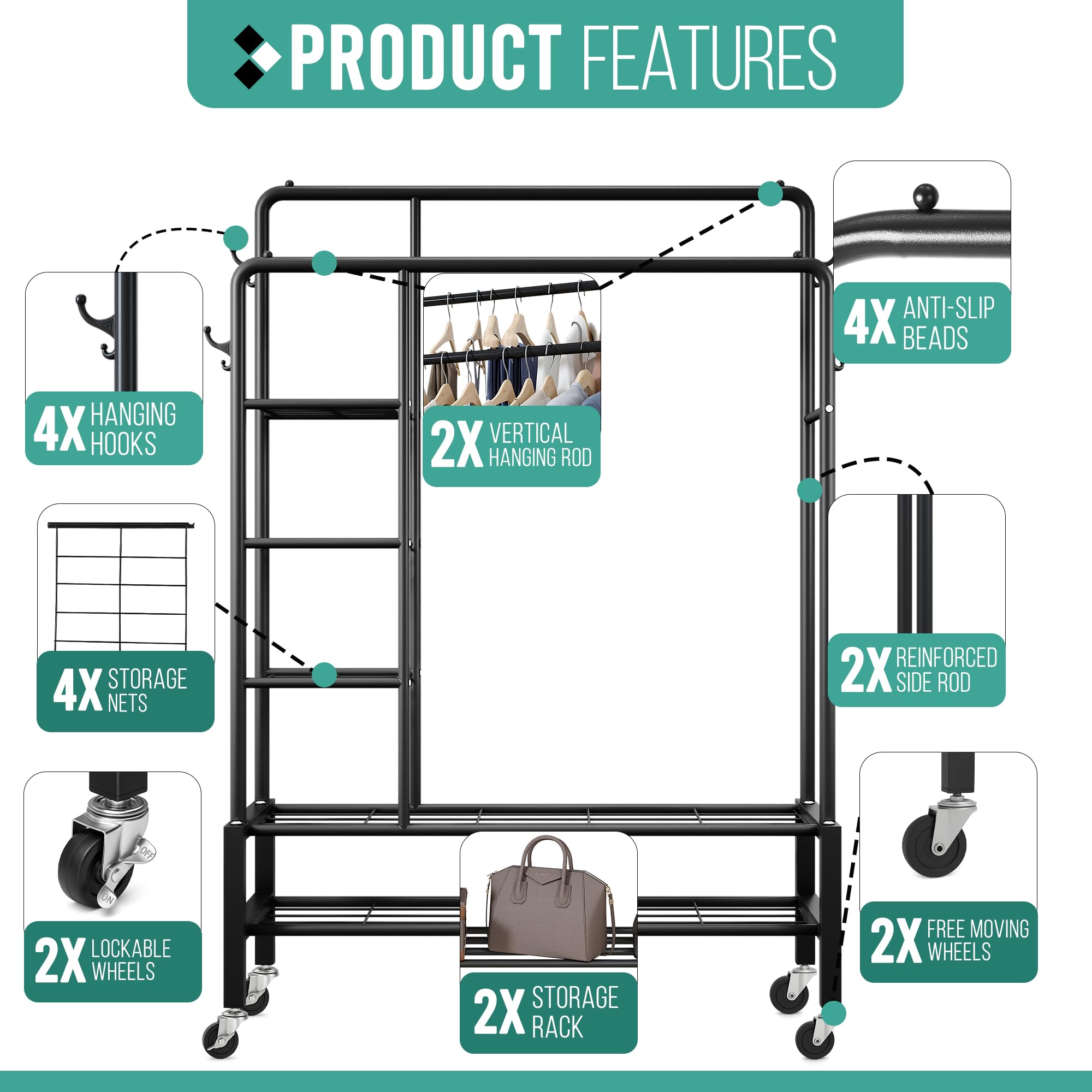 Klass Home Collection Heavy Duty Clothes Rail on Wheels, 120KG Black Metal Rack With Double Hanging Clothing Rail, Shoe Rack, Storage Shelves & 4 Coat Hooks, Wardrobe Clothes Rails For Bedroom