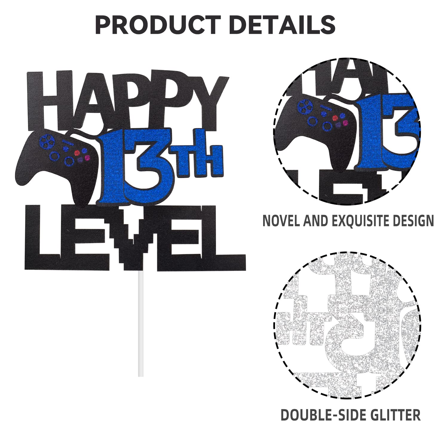 Glitter Black Video Game Happy 13th Birthday Cake Topper - Level Up Theme Party Decor