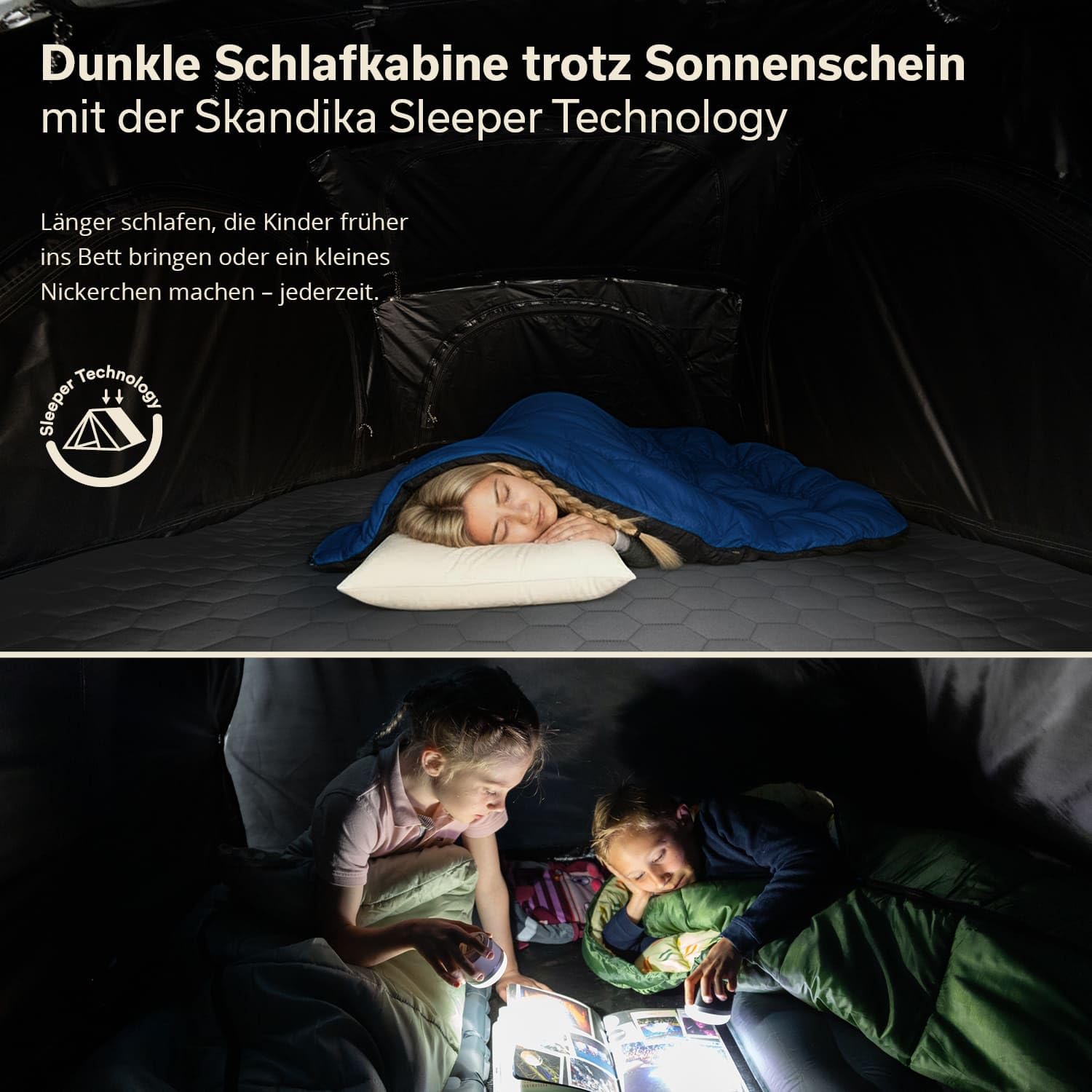 Skandika Dachzelt Skyland 2 Sleeper | Autodachzelt für 2 Personen, Autozelt mit Matratze, Schwarze Schlafkabine, feuerhemmend, wasserfest 6000 mm, mit Moskitonetz, UPF 50+ | Auto Zelt für PKW SUV Bus