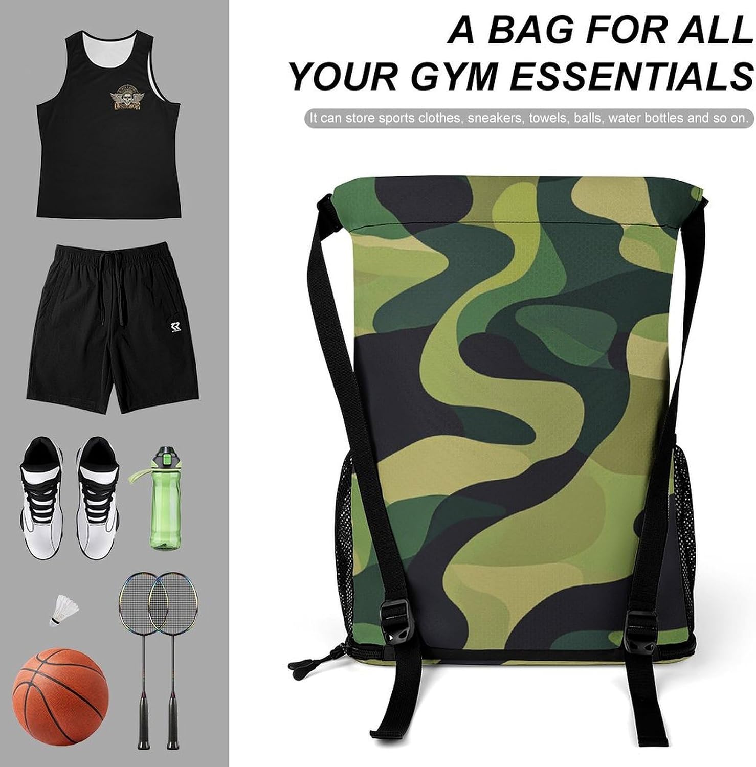 Green Military Drawstring Backpack with Wet Pocket - Large Capacity Gym Bag with Shoe Compartment & Mesh Pockets, Adjustable Lightweight Gym Backpack for Swimming, Travel, Workout