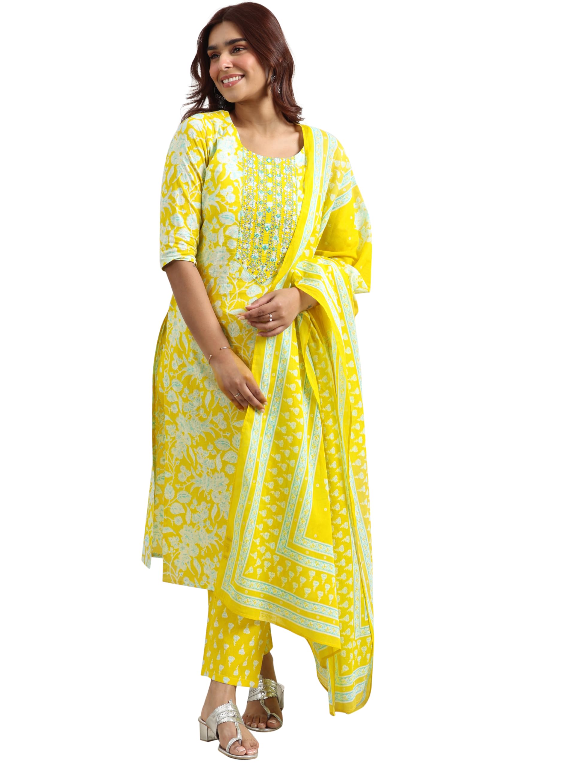 Libas Women's Cotton Blend Kurta Set, Yellow, XS