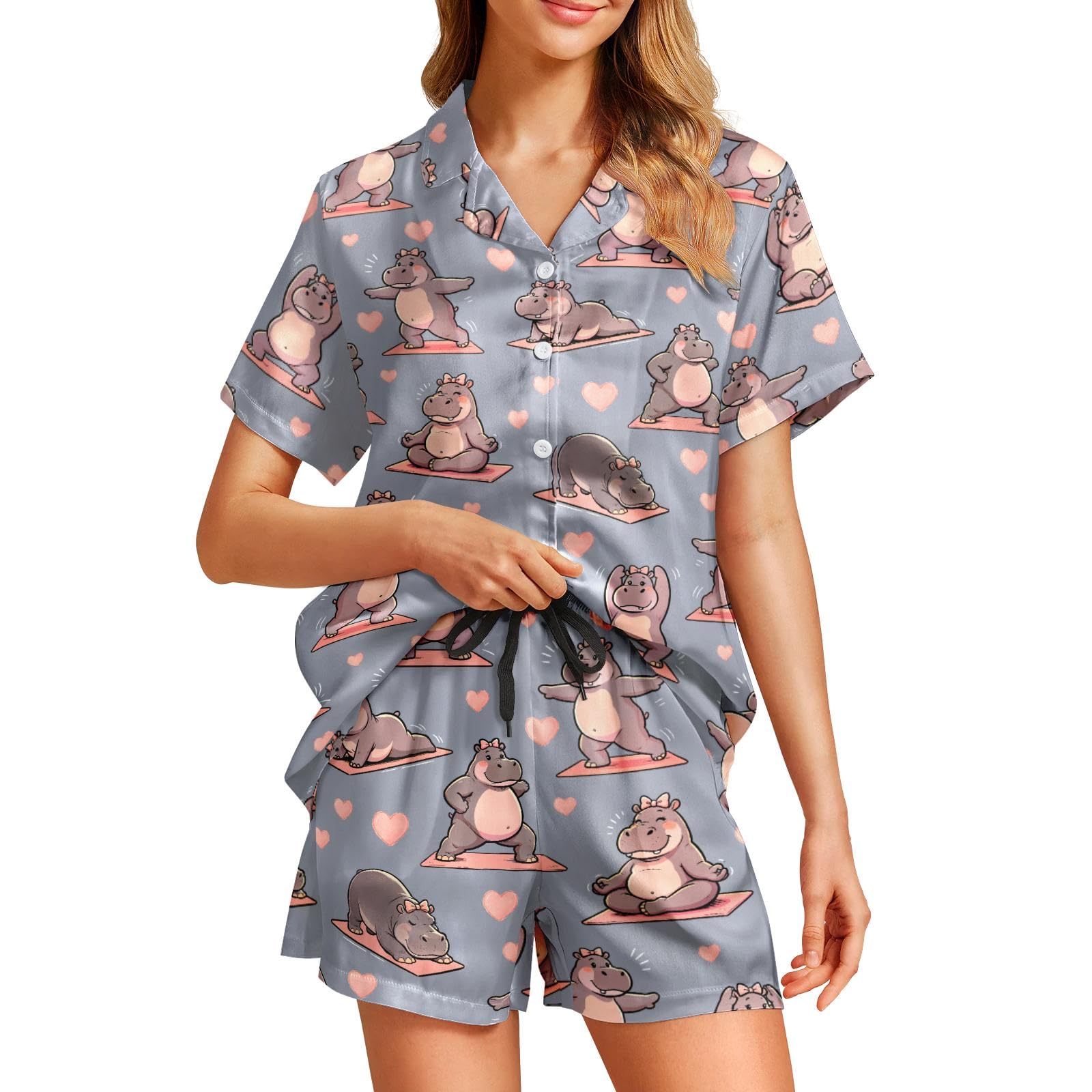 Funny Pajamas for Women Set Print Satin Loungewear Pjs Short Sleeve Button Down Top and Shorts Sets Sleepwear XS-3XL