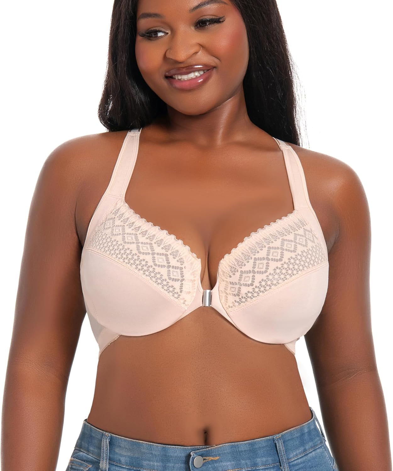 Women's Front Closure Bra Underwire Unlined T-Back Lace Unpadded Full Coverage Racerback Bras for Plus Size - Image 8