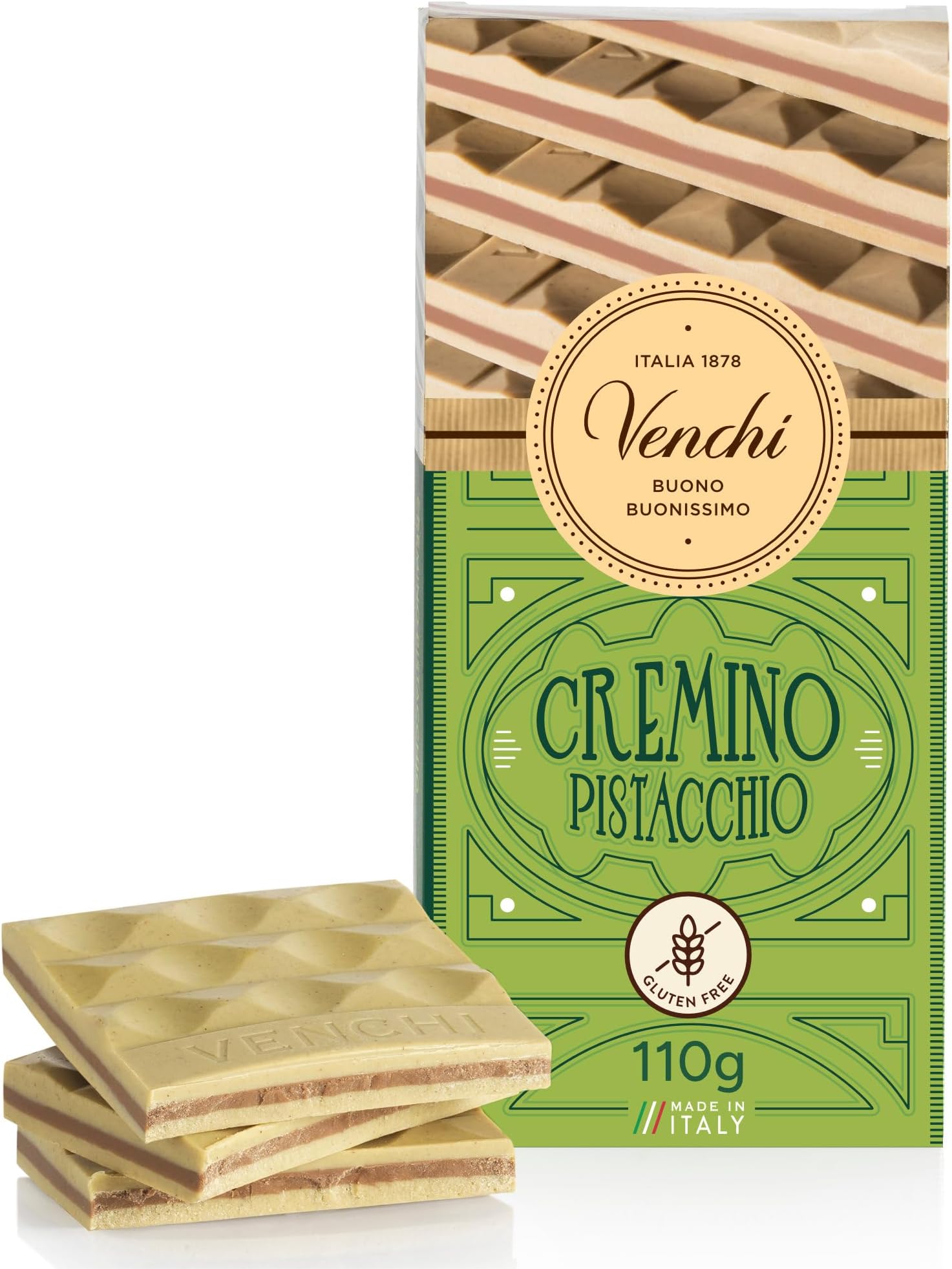 Cremino Bar Pistachio, Milk and White Chocolate with Pistachio Paste, 24,25 lb, Gluten Free, Dye-free and Preservative-Free