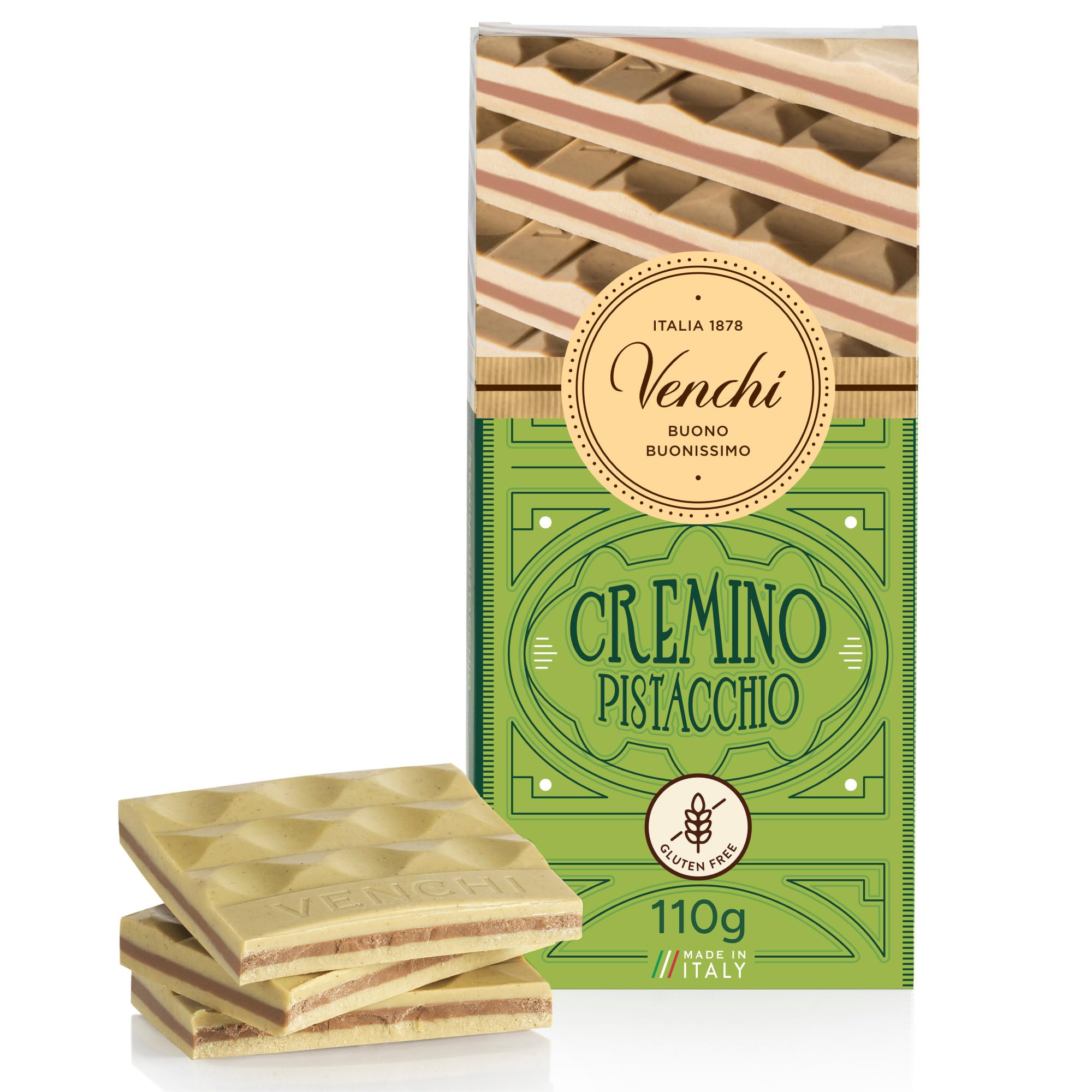 VenchiCremino Bar Pistachio, Milk and White Chocolate with Pistachio Paste, 24,25 lb, Gluten Free, Dye-free and Preservative-Free