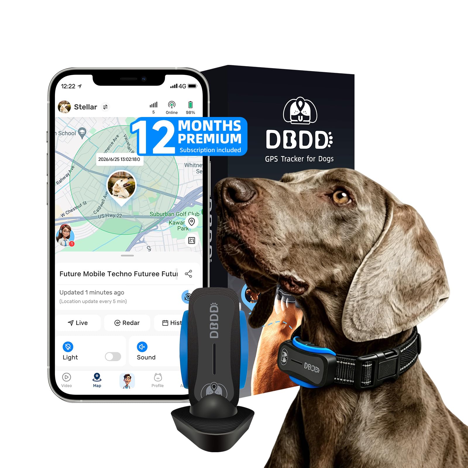 DBDD Localizzatore GPS AI per cani con abbonamento di 12 mesi, posizione in tempo reale, recinzione elettronica, monitoraggio della salute, impermeabile, per cani di taglia media e grande, iOS Android