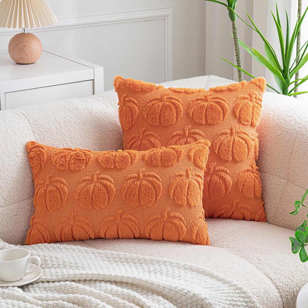Plancholo Fall Pumpkin Decorative Throw Pillow Covers Set of 2 Soft Plush Faux Fur Wool Pillowcases for Sofa Couch (Orange, 18x18 Inch)