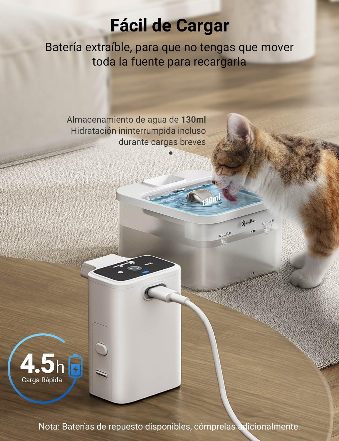 DownyPaws Fuente para Gatos Sin Cable, 2.5L Bebedero gato con Sensor de Movimiento, Fuente Agua Gato Inalámbrica, Batería 4000mAh, Bomba de Agua Silenciosa y Bandeja de Acero Inox, Blanco con 6 Filtro