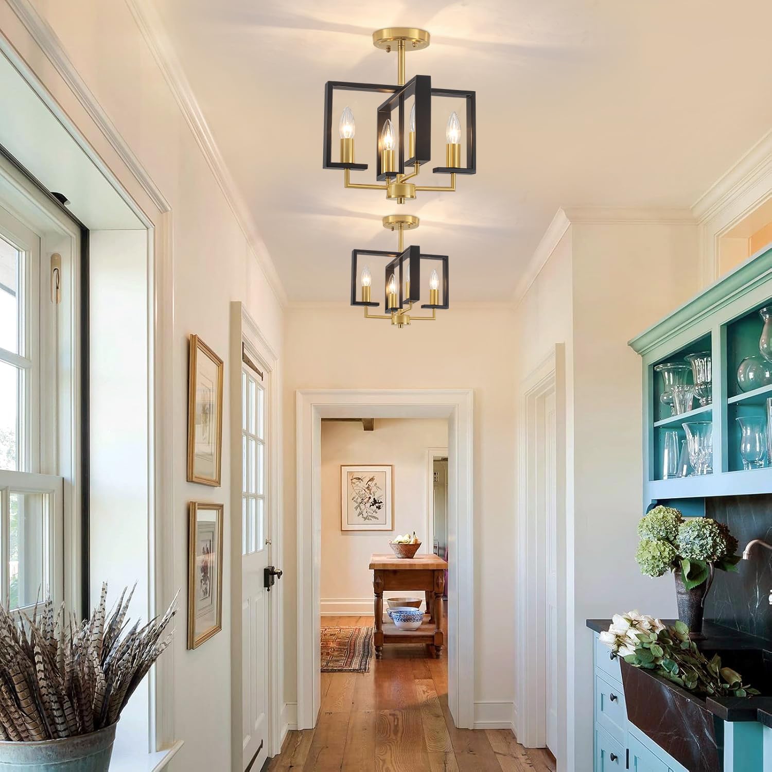 TOULMJ 4-Light Semi Flush Ceiling Light, Black Gold Ceiling Light Fixture, Farmhouse Light Fixture for Kitchen Island Hallway Entryway Laundry Room Bedroom