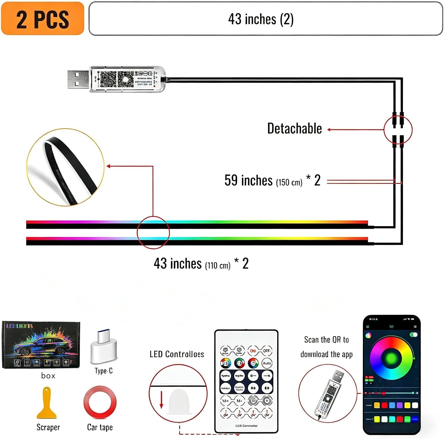 Car Interior Ambient Lighting Kit, Acrylic LED Strip Lights