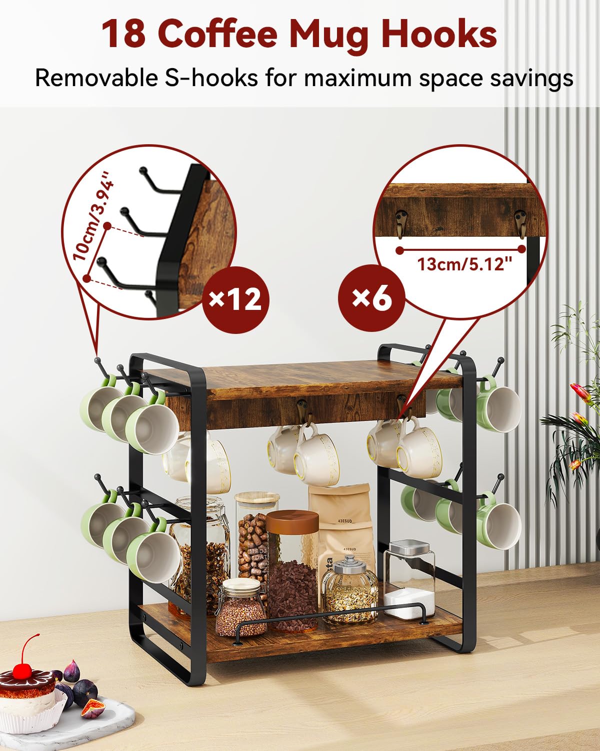 IBUYKE Organizer Caffe Portatazze da Appoggio, 2 Livelli di Supporto per Tazze da Cucina, Porta Tazzine da Caffè di Legno Con 18 Ganci,Organizer Tazze per Cucina,Ufficio,Marrone TBJ006H